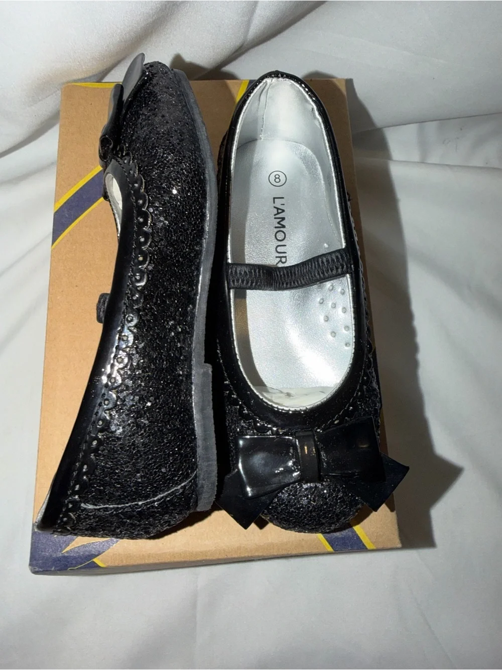 LAmour Black Sparkle Bow Mary Jane Girls Size 8